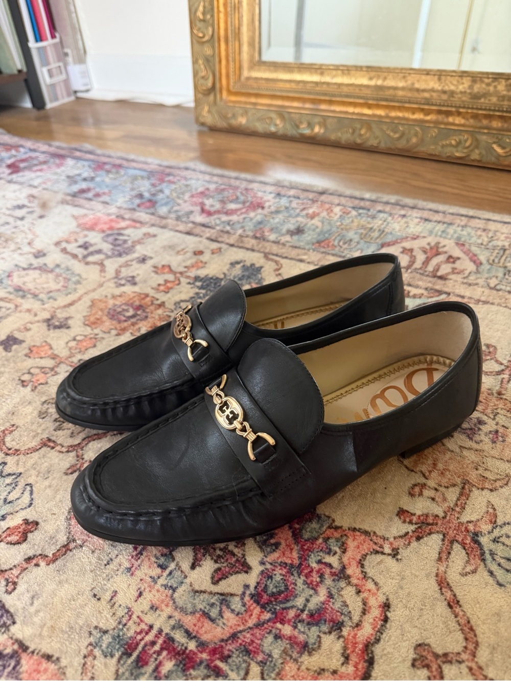 Sam Edelman Black Leather Women's Bit Loafers with Gold Chain Detail - Picture 2 of 4